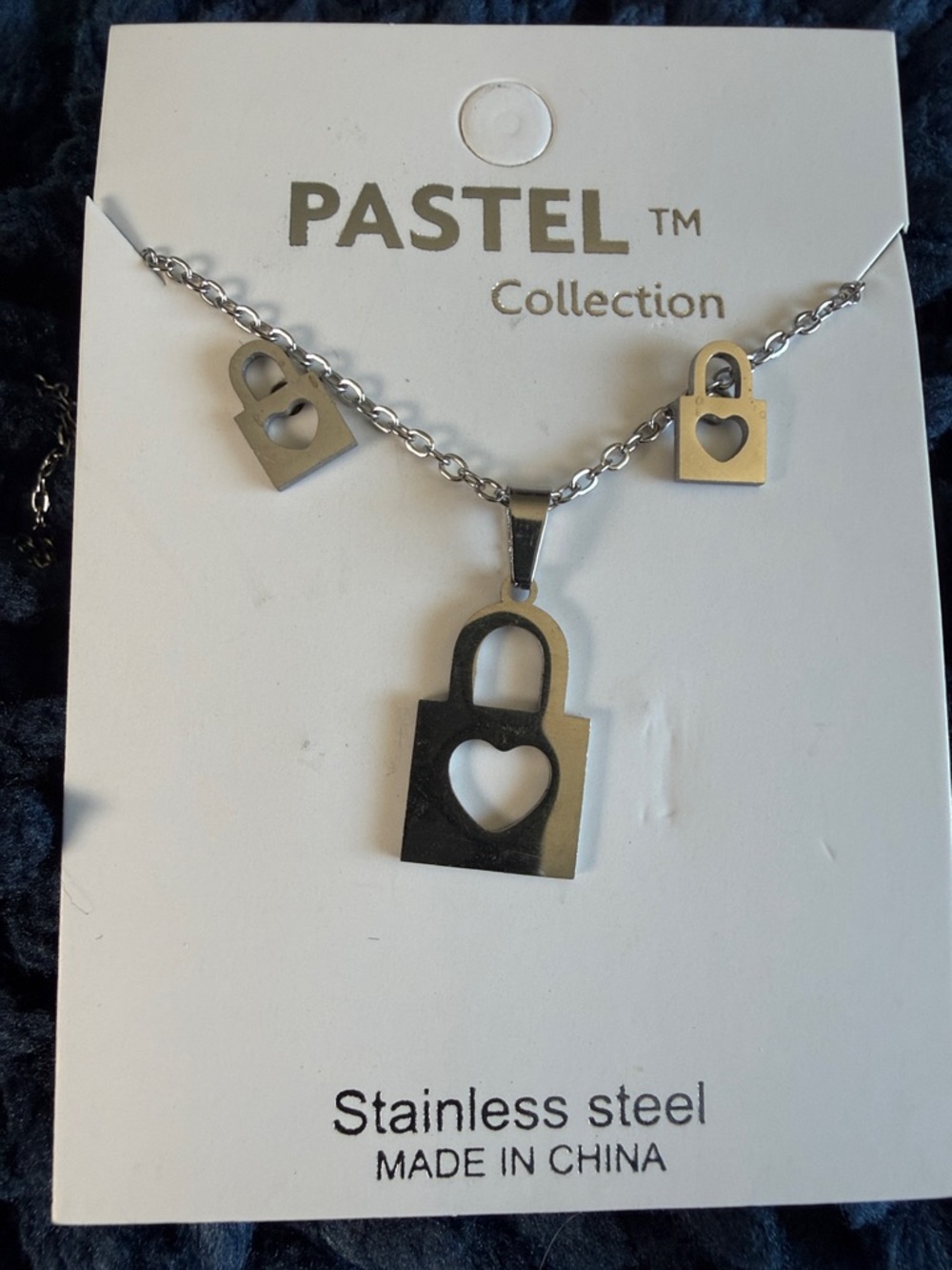 Pastel Stainless Steel Padlock Heart Necklace and Earrings - Silver